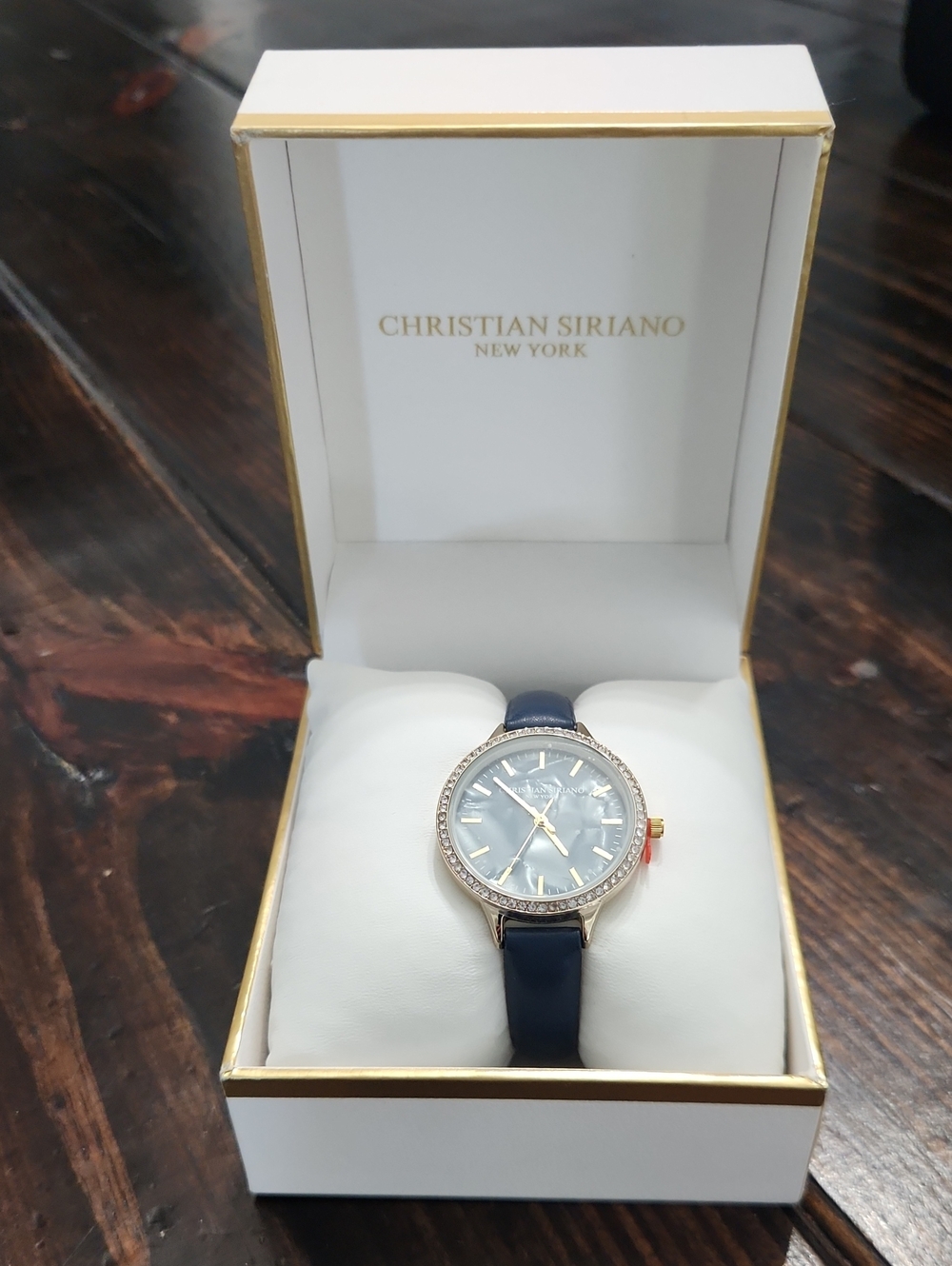 Brand New Christian Siriano Navy Leather Strap Crystal Accent Watch